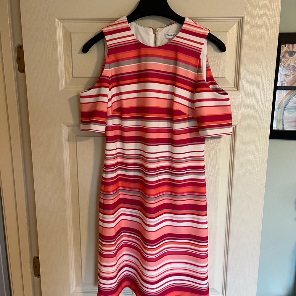 Calvin Klein Striped Cold Shoulder Dress - Pink and Red